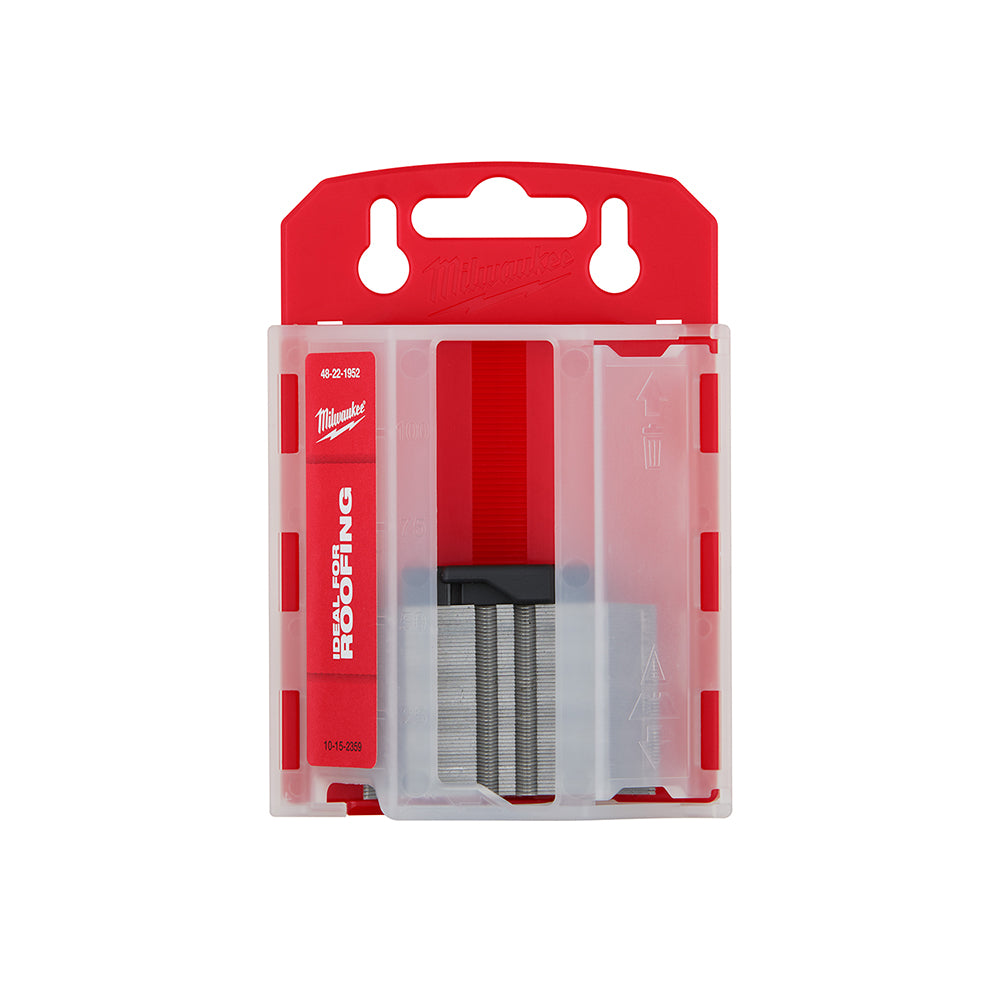 Milwaukee 50-piece hook utility knife blades in red plastic dispenser case with hanging hole.