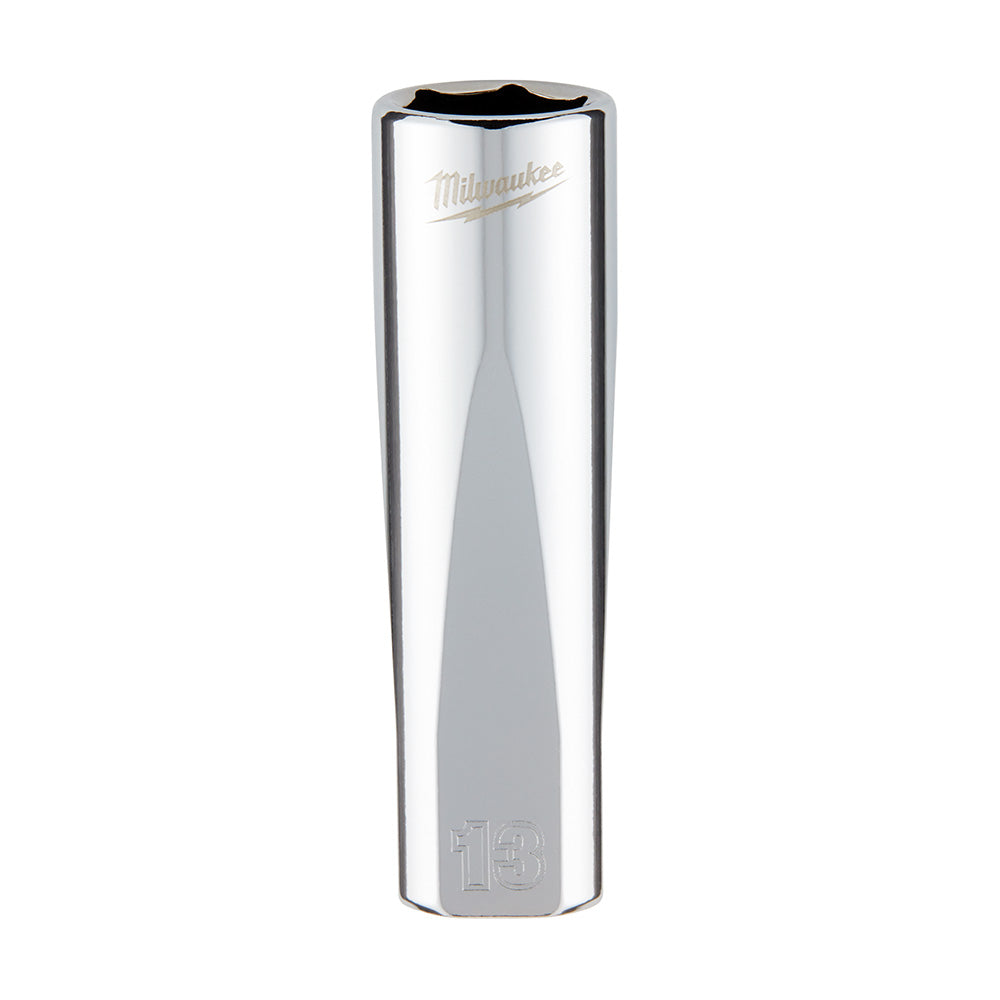 Chrome 3/8 inch drive 13mm deep socket with Milwaukee branding and 6-point hexagonal opening.