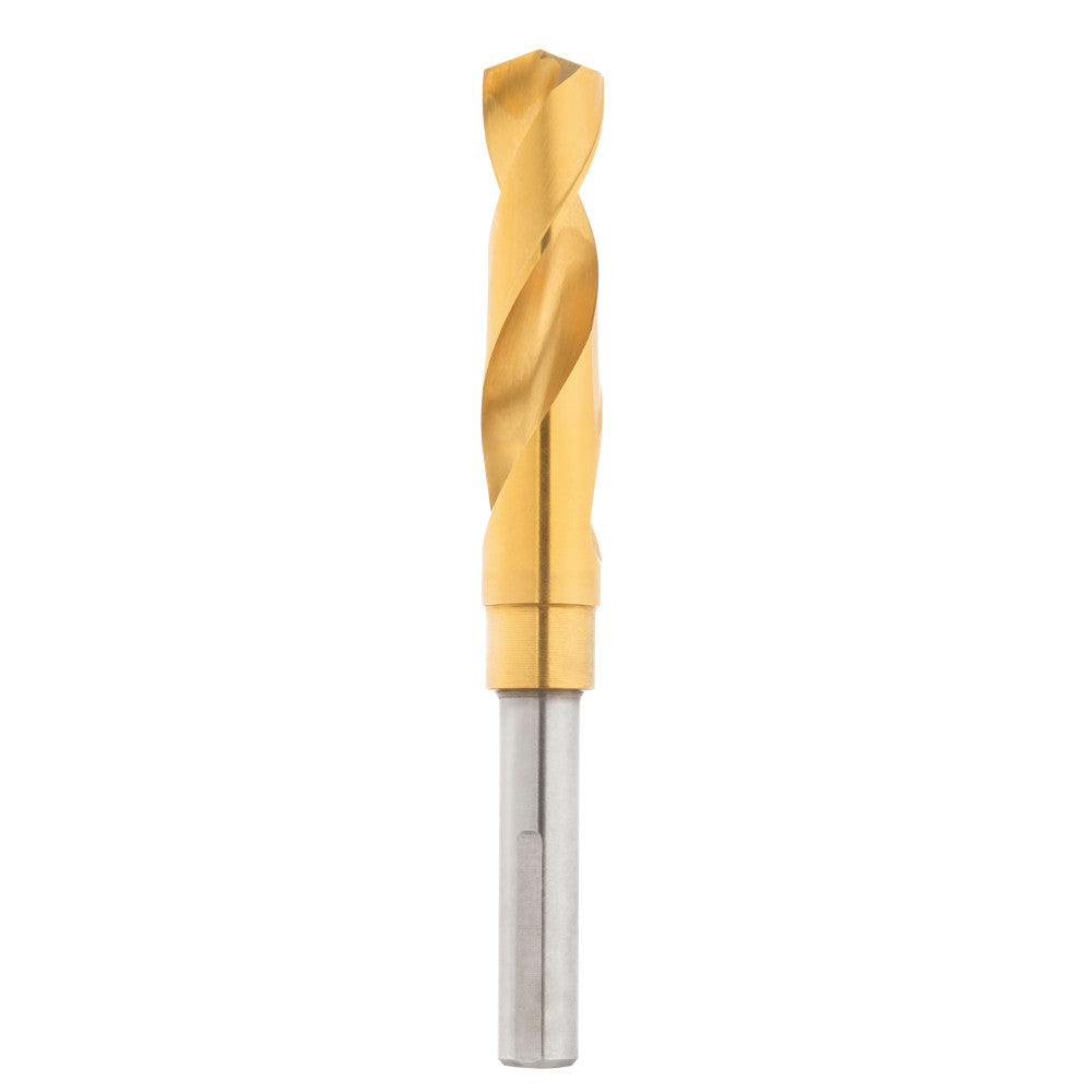 Titanium-coated twist drill bit with gold-colored flutes and silver cylindrical shank on white background.