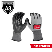 Gray polyurethane-dipped work gloves with black coating on palm and fingers, ribbed cuff, ANSI Cut Level A3 rating.