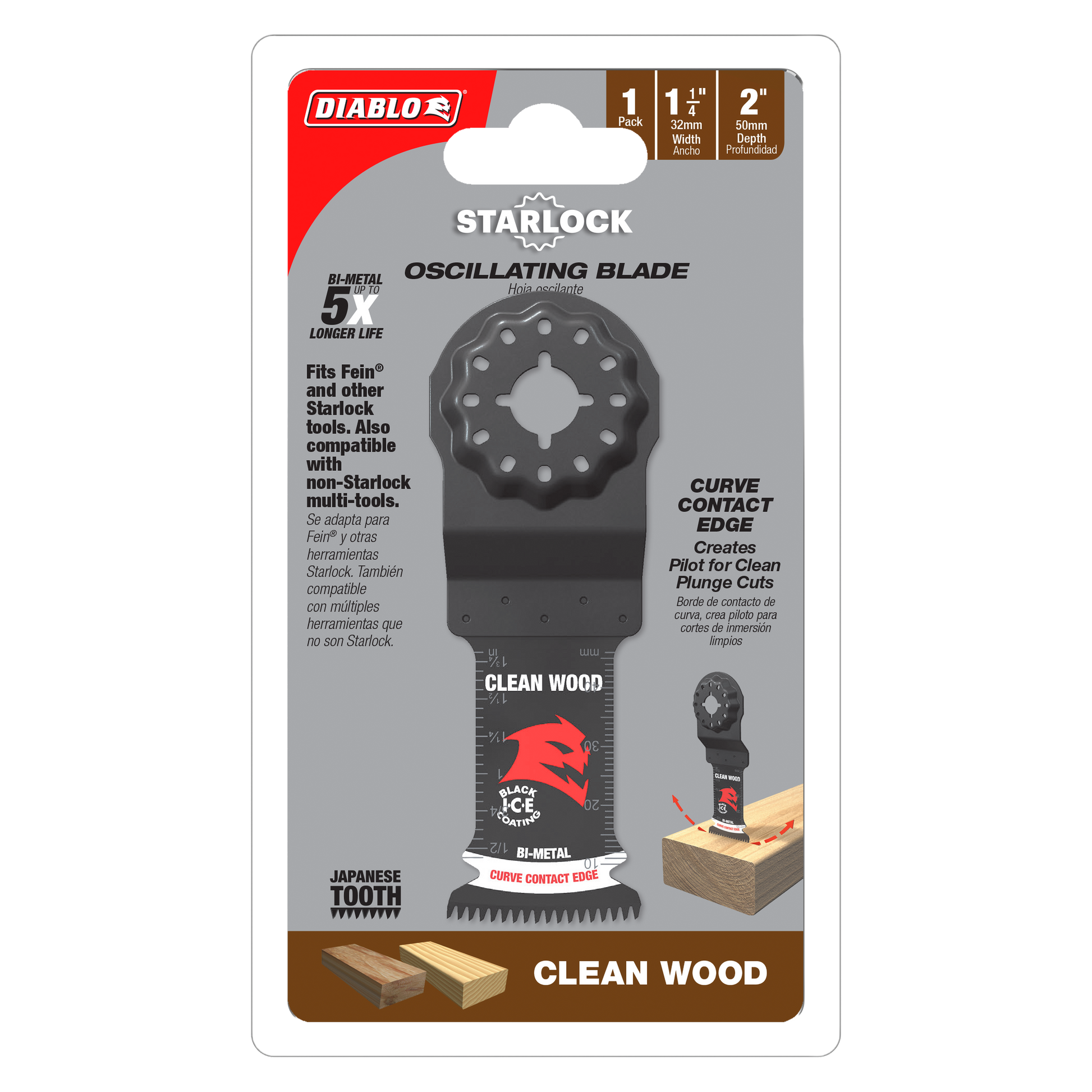 Diablo Starlock bi-metal oscillating blade with 1-1/4 inch width and curved contact edge for woodworking, shown on retail pac