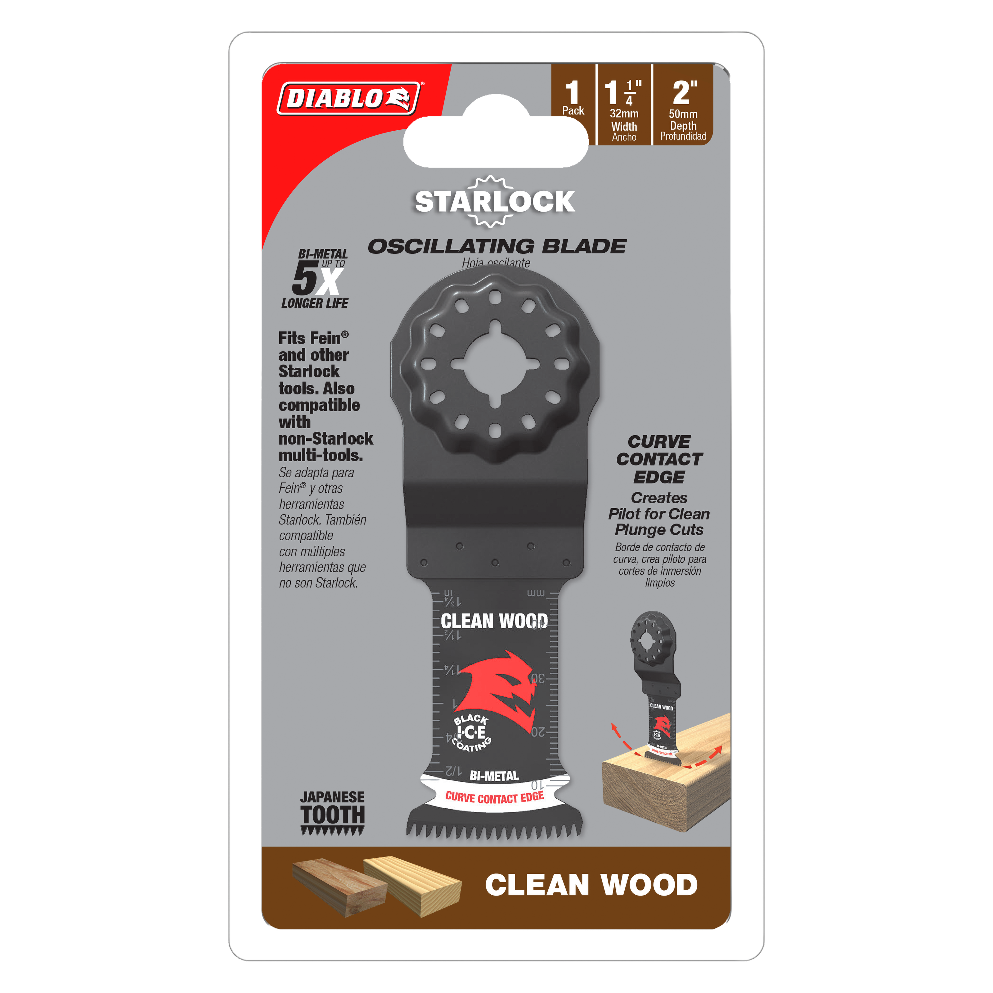 Diablo Starlock bi-metal oscillating blade with 1-1/4 inch width and curved contact edge for woodworking, shown on retail pac