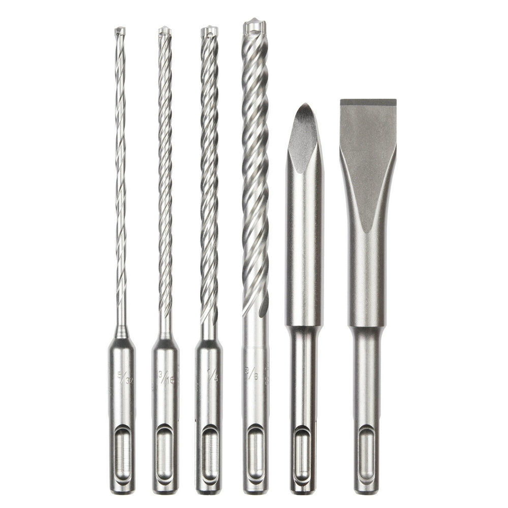 Six SDS Plus drill bits and chisels with spiral flutes and flat cutting heads arranged in a row.