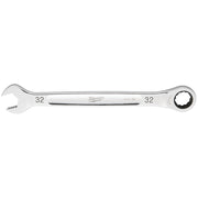 Silver 32MM ratcheting combination wrench with open end on left and ratchet head on right.