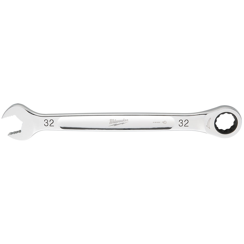 Silver 32MM ratcheting combination wrench with open end on left and ratchet head on right.