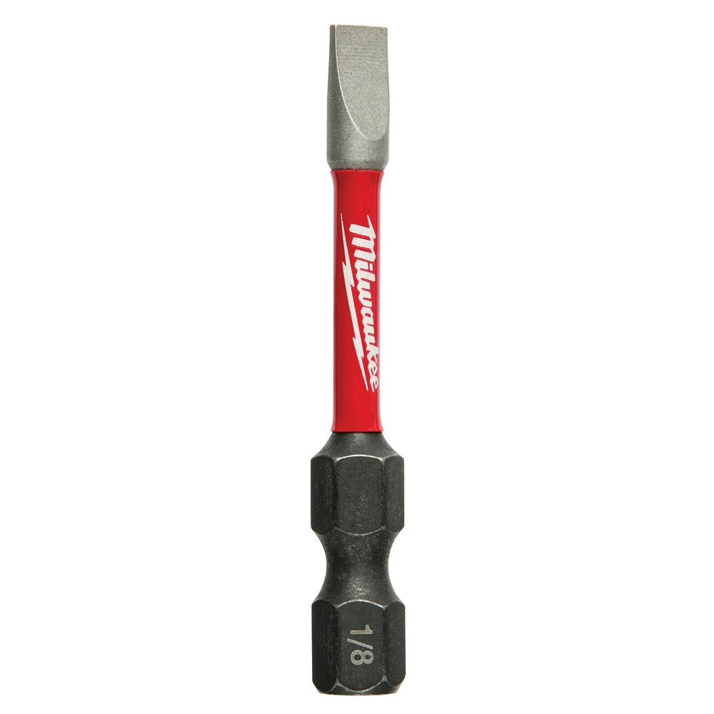 Milwaukee Shockwave slotted impact power bit with 1/8 inch drive and red sleeve on white background.
