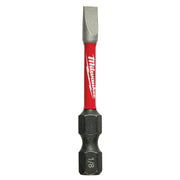 Milwaukee Shockwave slotted impact power bit with 1/8 inch drive and red sleeve on white background.