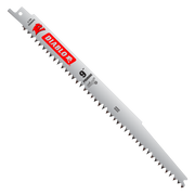 Gray metal reciprocating saw blade with red Diablo branding, fine serrated teeth, and mounting hole at top.