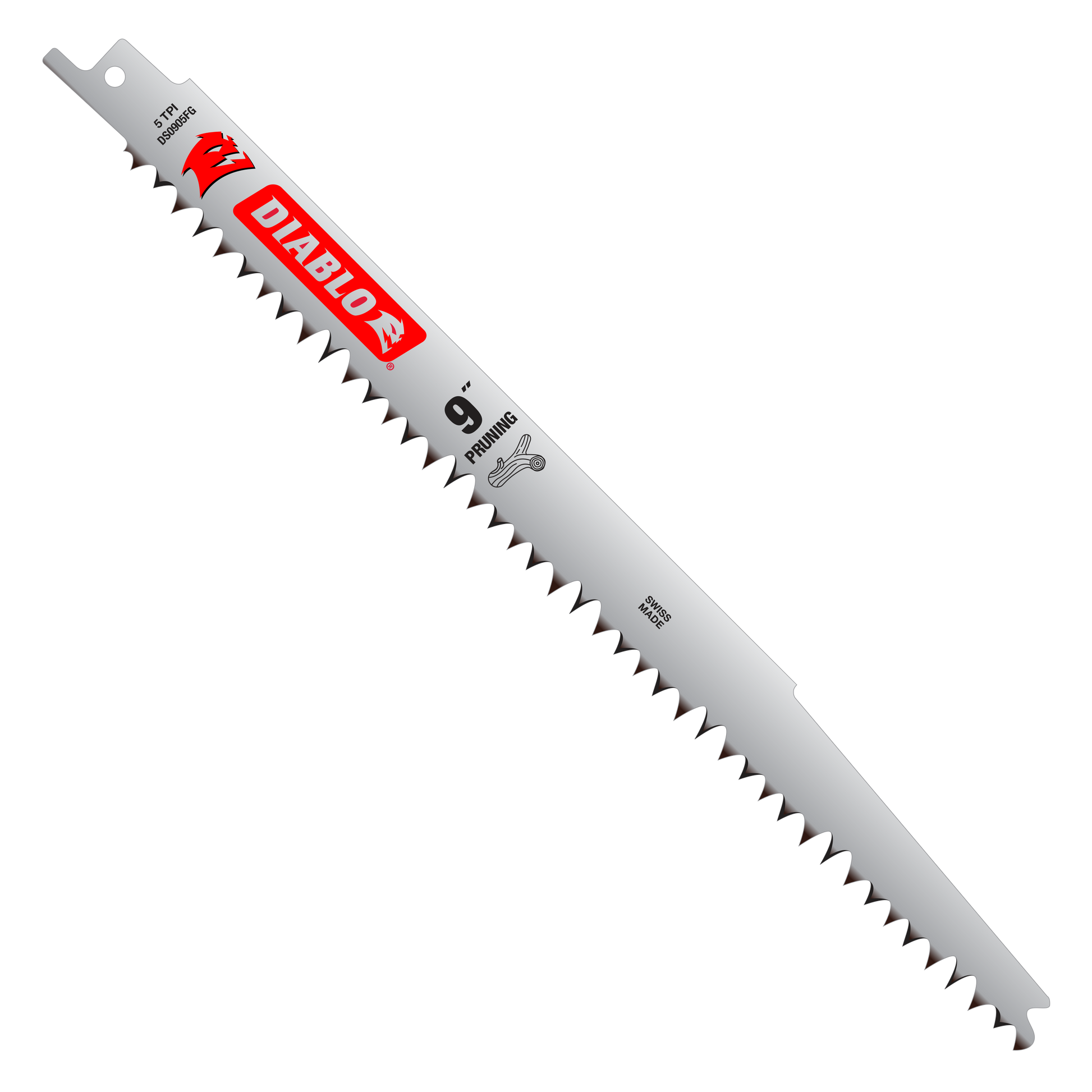 Gray metal reciprocating saw blade with red Diablo branding, fine serrated teeth, and mounting hole at top.