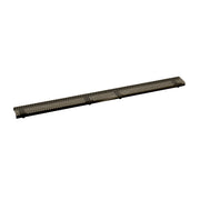 Long rectangular linear drain grate with oil rubbed bronze finish and perforated pattern surface.
