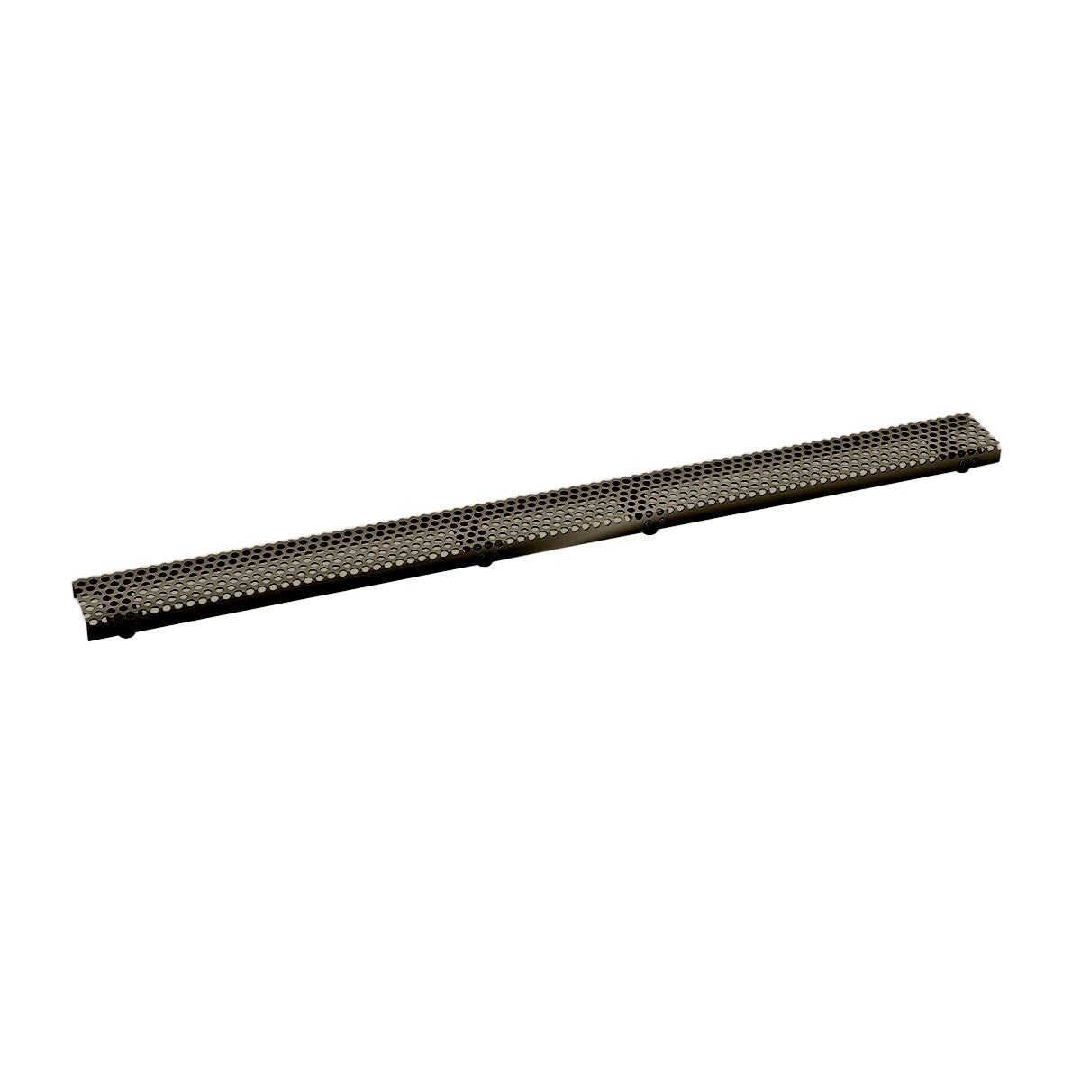Long rectangular linear drain grate with oil rubbed bronze finish and perforated pattern surface.