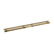 Satin bronze linear drain grate with perforated circular pattern design.