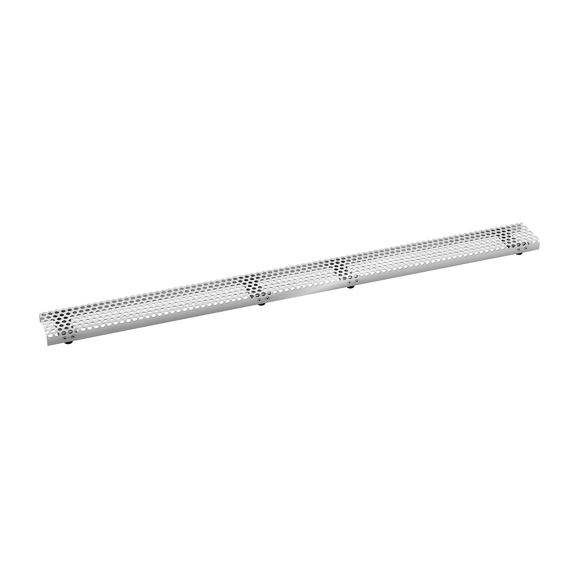 Satin stainless steel linear drain grate with perforated surface and center outlet, 48 inches long.