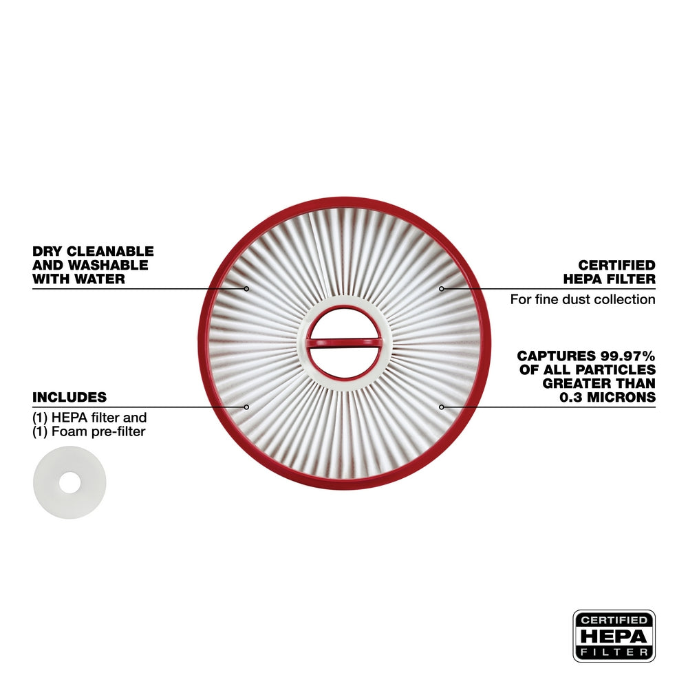 Red and white pleated HEPA filter with foam pre-filter for Milwaukee M18 FUEL compact vacuum.