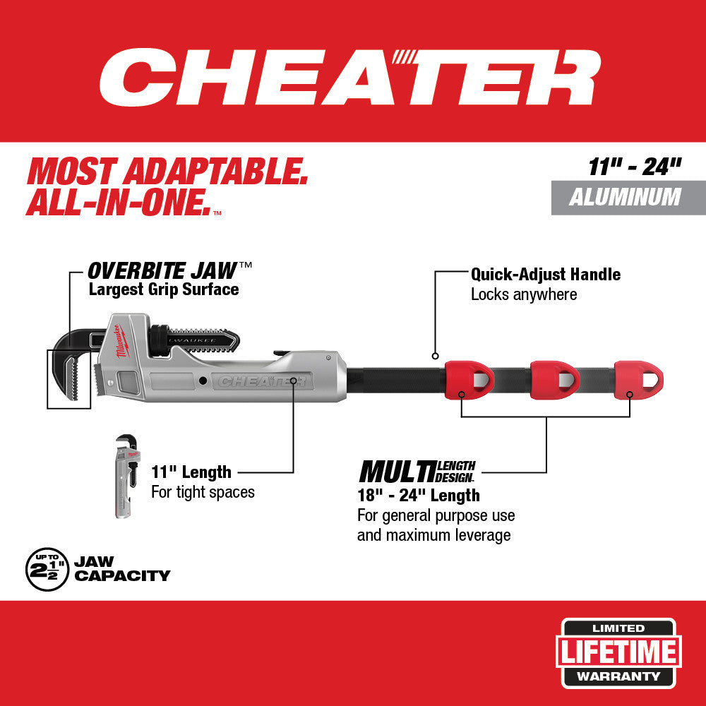 Milwaukee CHEATER aluminum pipe wrench with adjustable quick-lock handle and interchangeable jaw sections for 11"-24" capacit