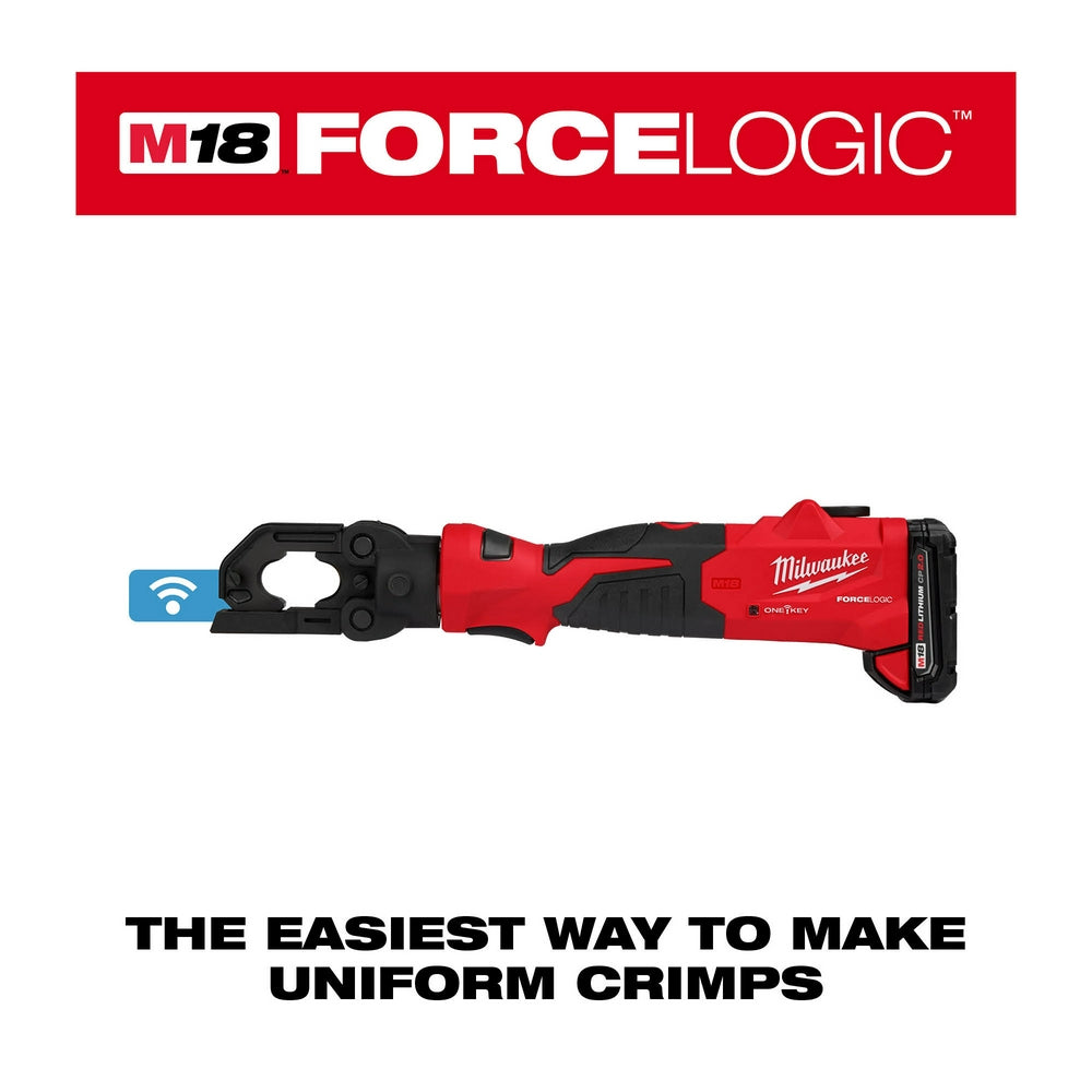Milwaukee M18 FORCE LOGIC red and black cordless crimper tool with battery pack and wireless connectivity indicator.