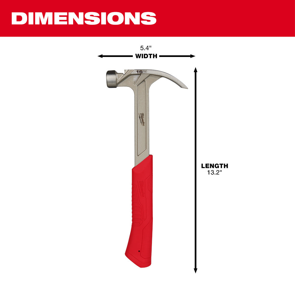 16oz claw hammer with steel head, curved claw, smooth face, and red grip handle shown with 13.2" length and 5.4" width dimens