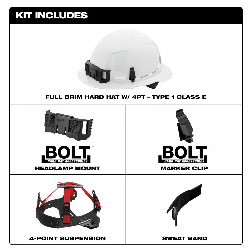 White full brim hard hat with 4-point ratcheting suspension, headlamp mount, marker clip, and sweat band included.