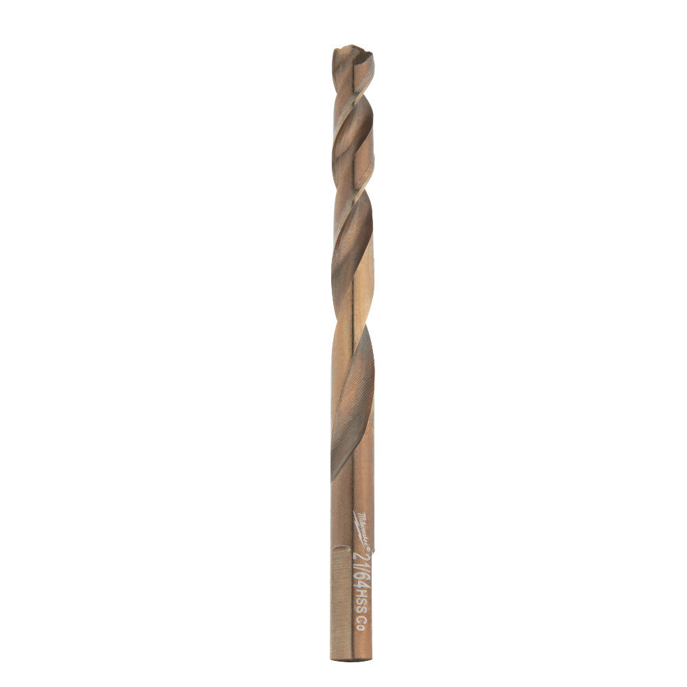 Cobalt drill bit with twisted flutes and pointed tip, Milwaukee branding visible on shank.