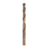 Cobalt drill bit with twisted flutes and pointed tip, Milwaukee branding visible on shank.