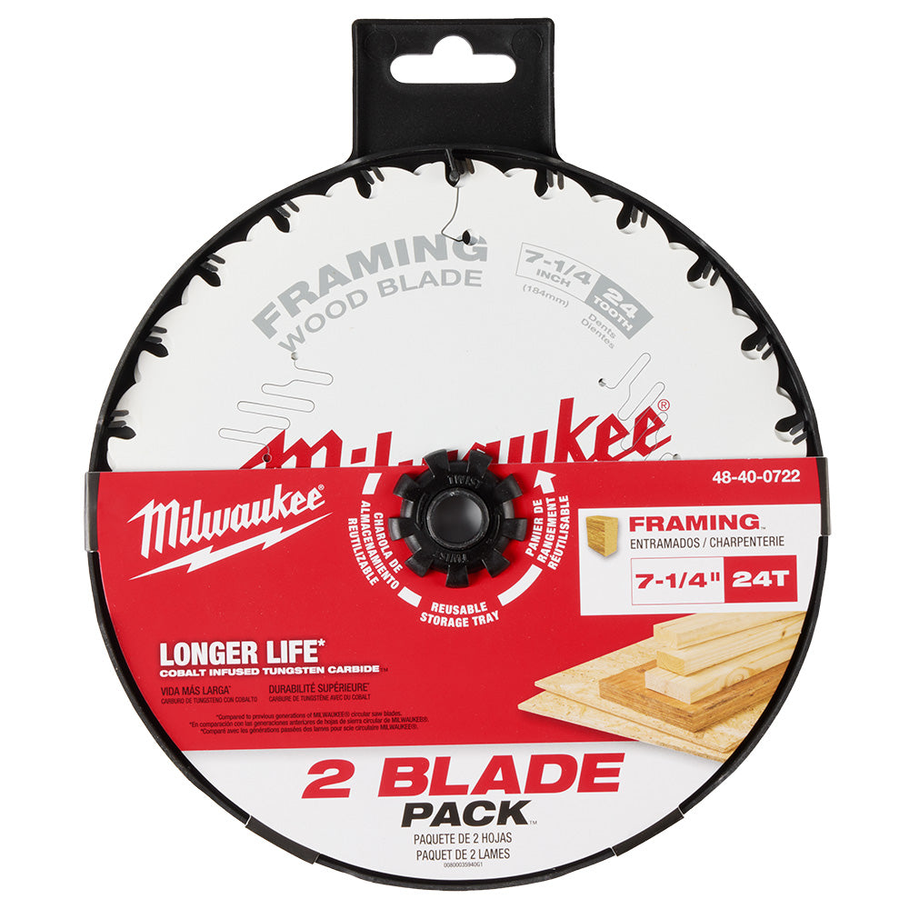 Two Milwaukee 7-1/4" circular saw blades with 24 teeth, white blade face with black teeth, mounted on black circular packagin
