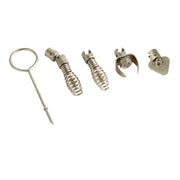 Five metal drain cleaning tool heads with spring coils and various attachment ends displayed in a row.