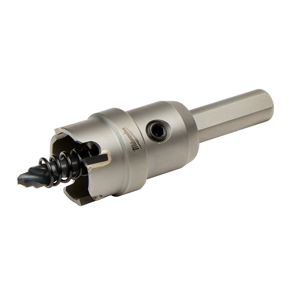 Silver carbide hole cutter with cylindrical shank, black cutting head with spiral flutes, and center point.