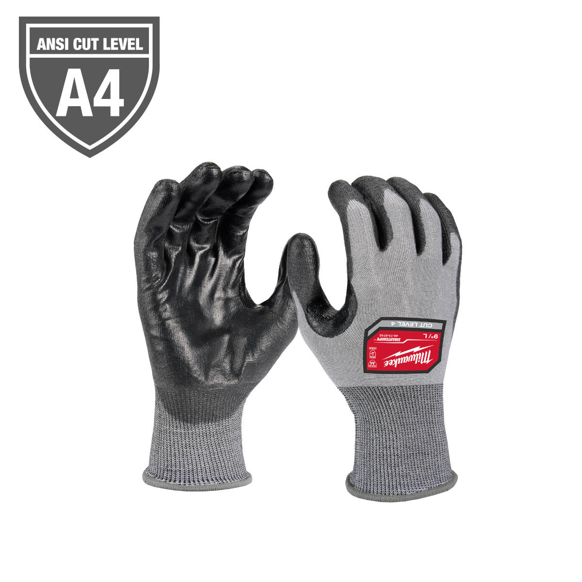 Gray knit work gloves with black polyurethane palm coating and ANSI A4 cut level rating.