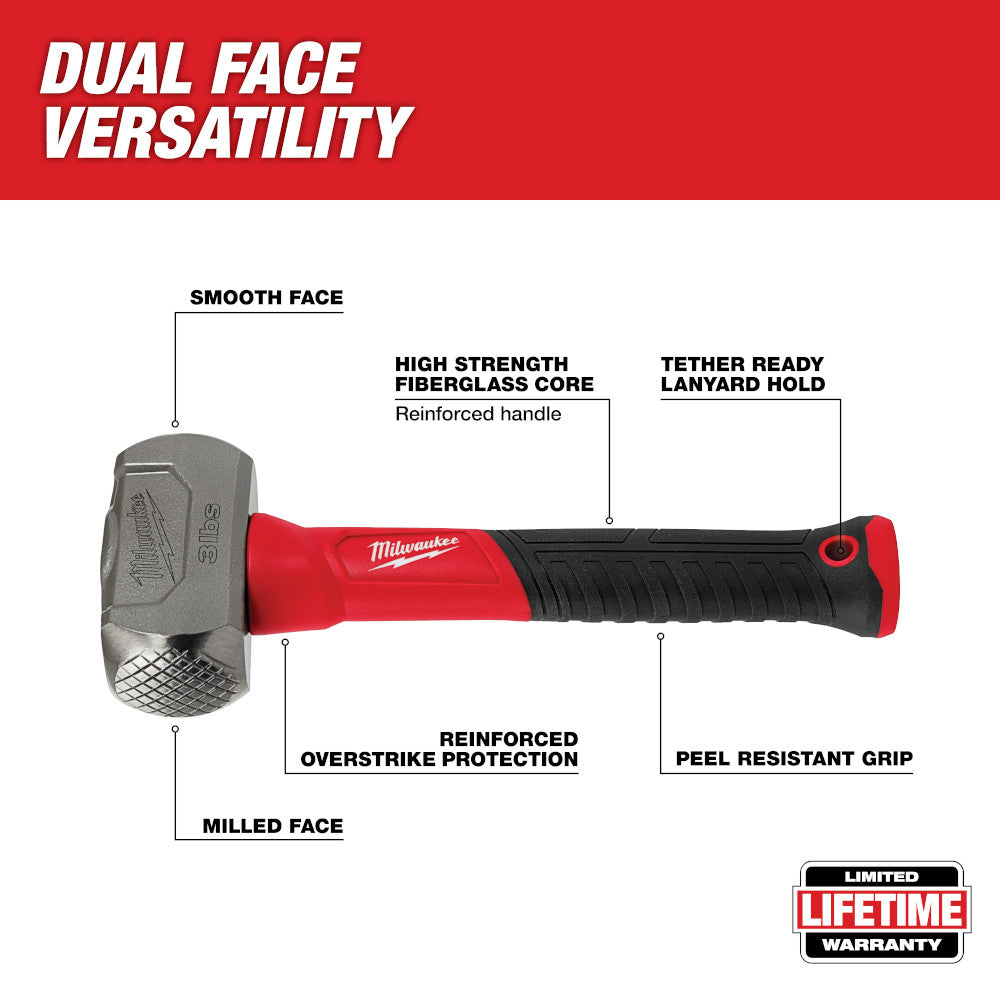 Milwaukee 3lb drilling hammer with dual-face head, fiberglass core handle, red and black grip, and tether-ready lanyard hole.