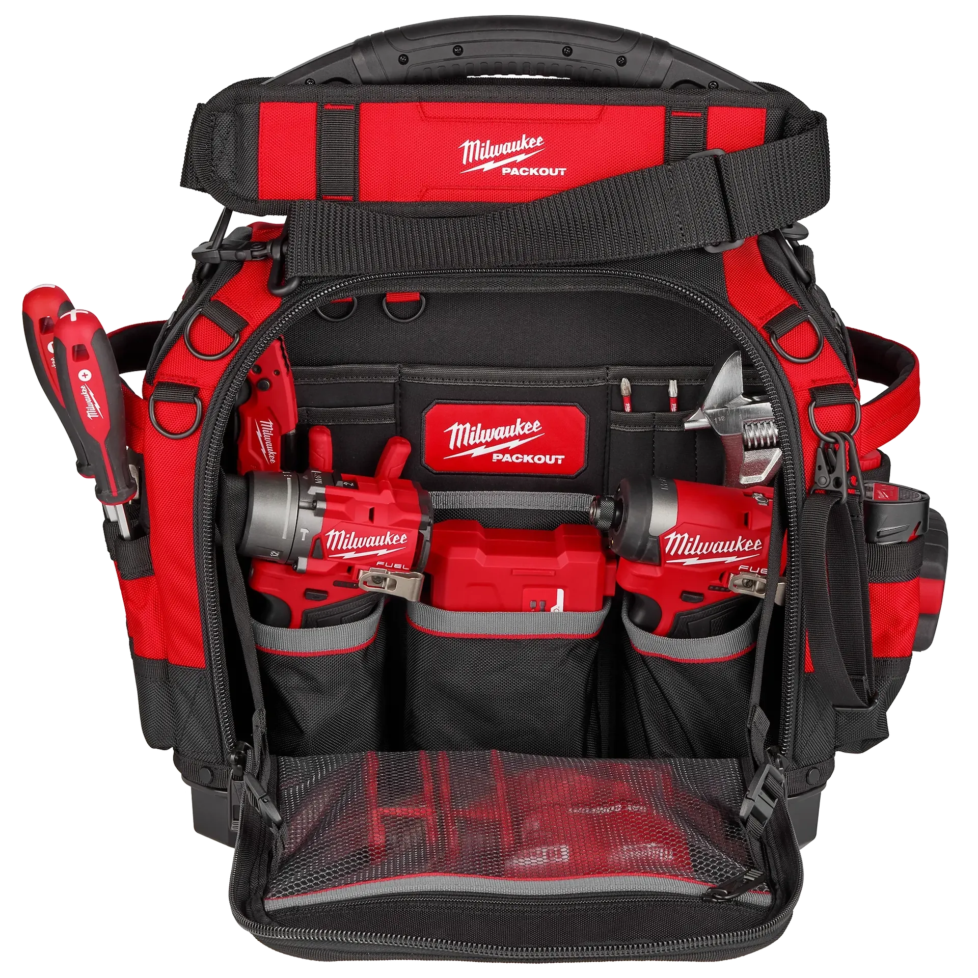 Red and black Milwaukee PACKOUT structured tool bag with multiple compartments, handles, and attached power tools displayed i