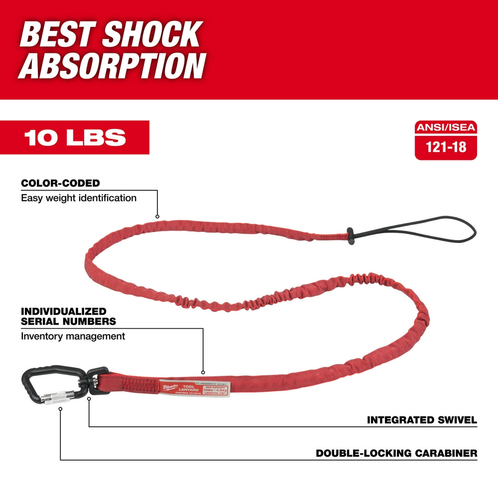 Red 72-inch tool lanyard with black carabiner and loop attachment, 10 lbs capacity.