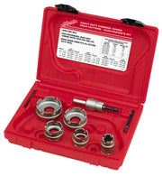 Red Milwaukee case containing five carbide hole cutters of varying sizes, one arbor tool, and two hex bits for electrician sh