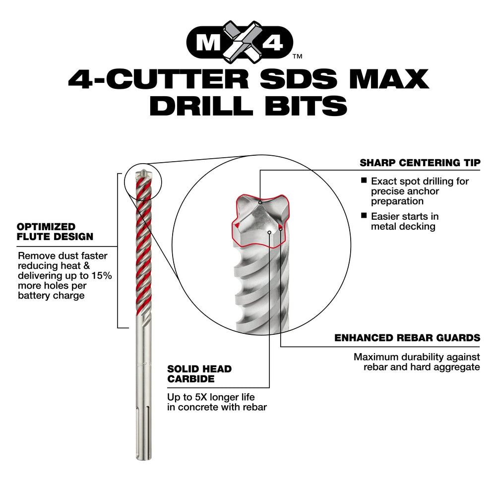 Milwaukee MX4 4-cutter SDS Plus drill bit with spiral flute design and carbide tip for concrete drilling.