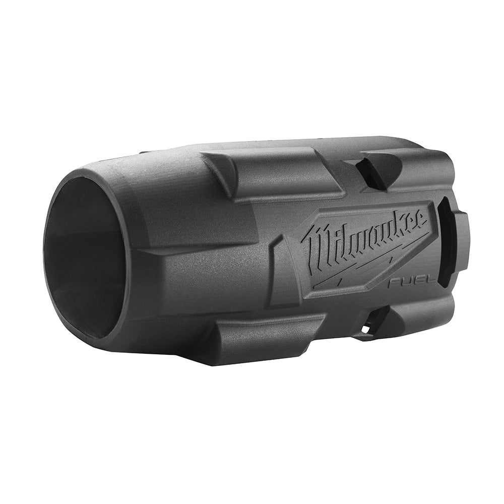 Black rubber protective boot for Milwaukee M18 FUEL mid-torque impact wrench with cylindrical shape and attachment slots.