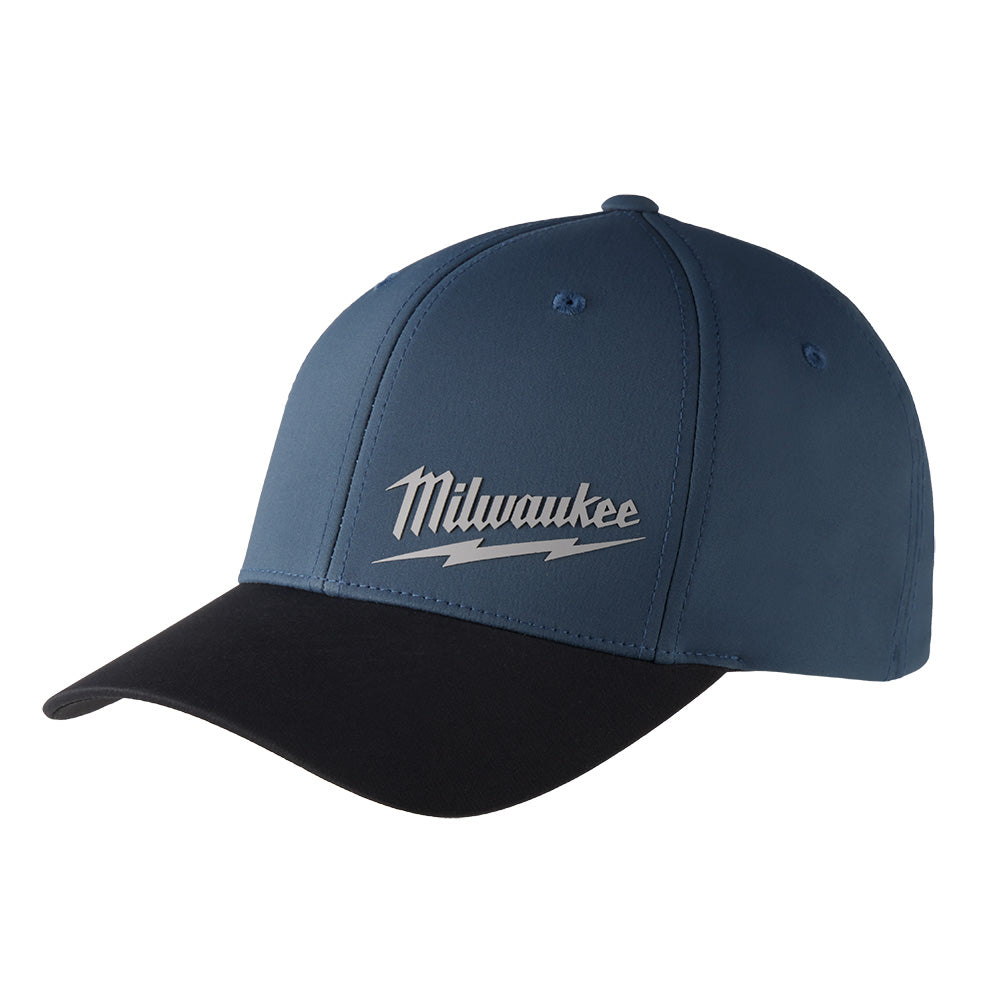 Blue and black baseball cap with Milwaukee script logo embroidered on front.