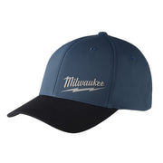 Blue and black baseball cap with Milwaukee script logo embroidered on front.