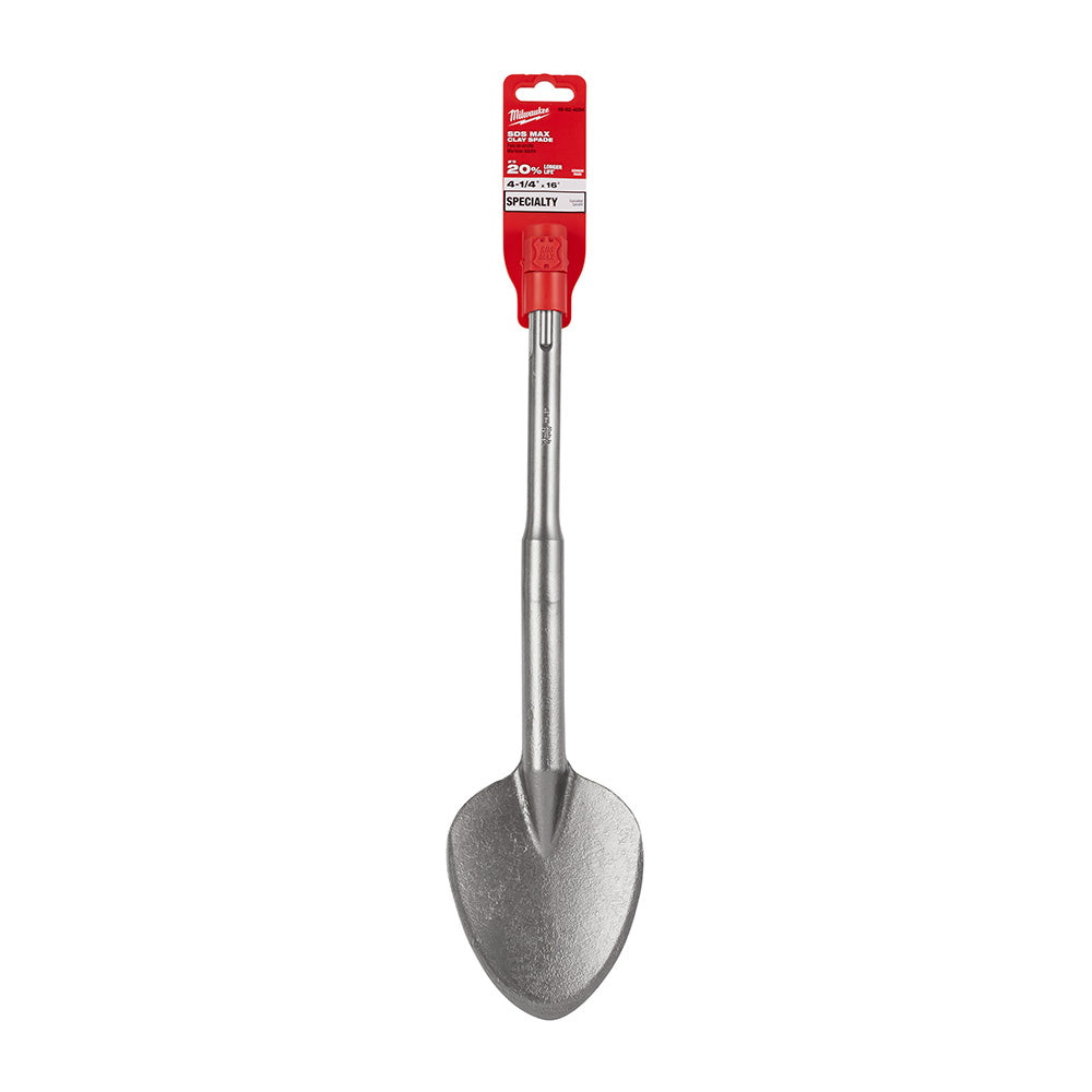 Milwaukee SDS-Max clay spade with red connector head, gray metal shaft, and rounded spade blade.