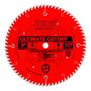 9" red circular saw blade with 72 teeth, white tooth tips, center arbor hole, and black label reading "Ultimate Cutoff."