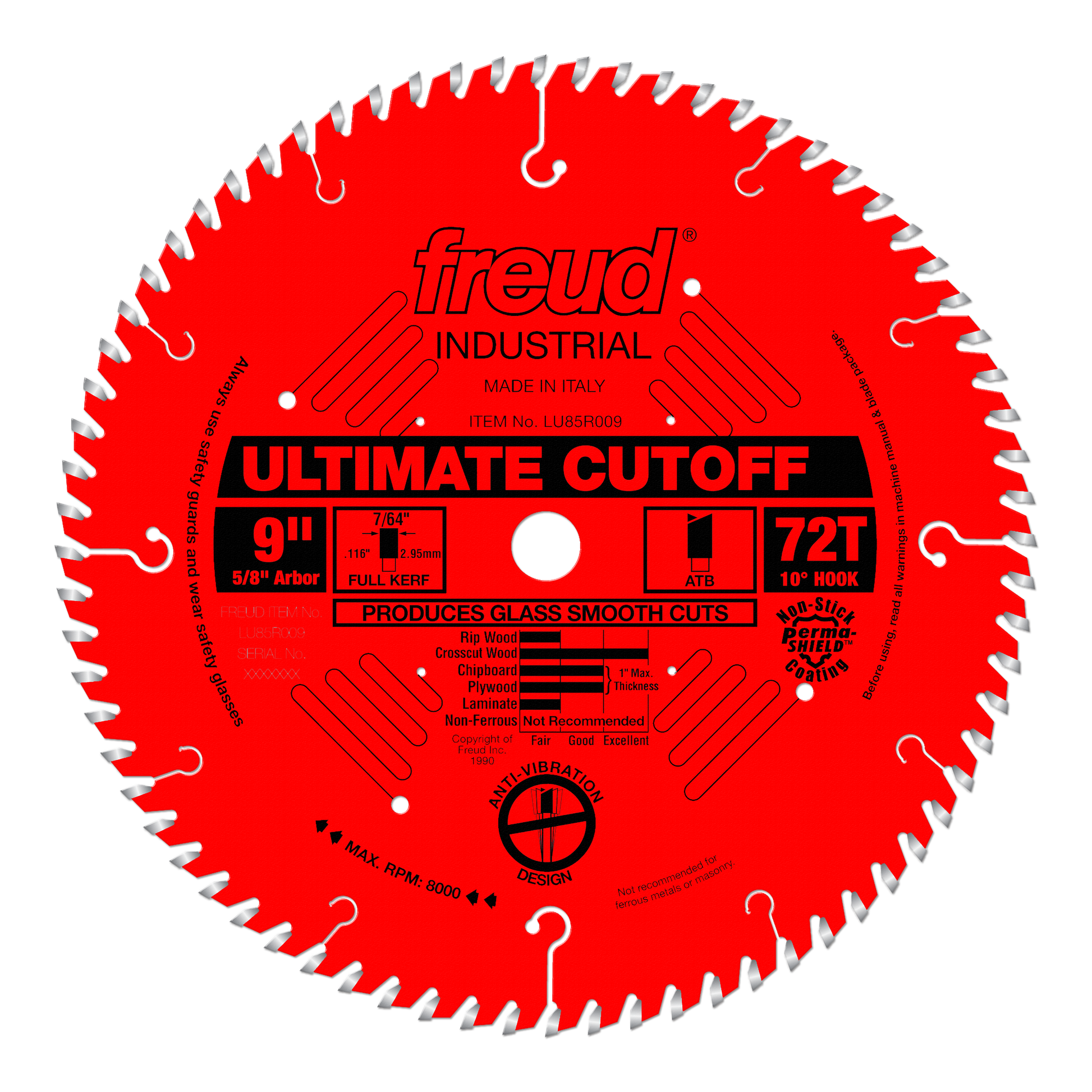 9" red circular saw blade with 72 teeth, white tooth tips, center arbor hole, and black label reading "Ultimate Cutoff."