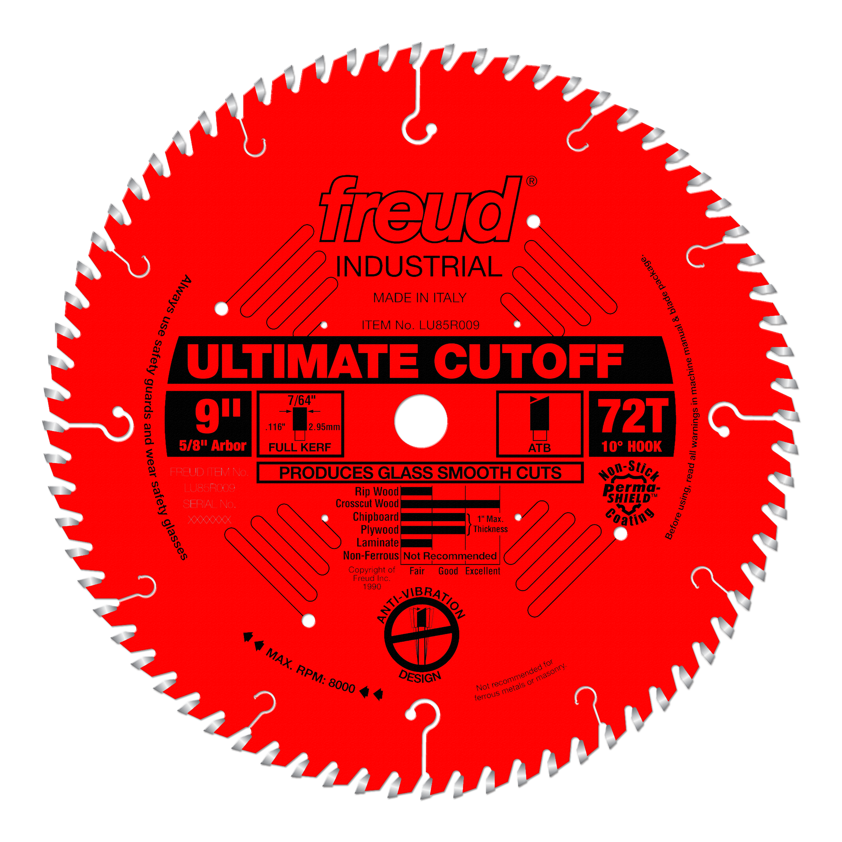 9" red circular saw blade with 72 teeth, white tooth tips, center arbor hole, and black label reading "Ultimate Cutoff."
