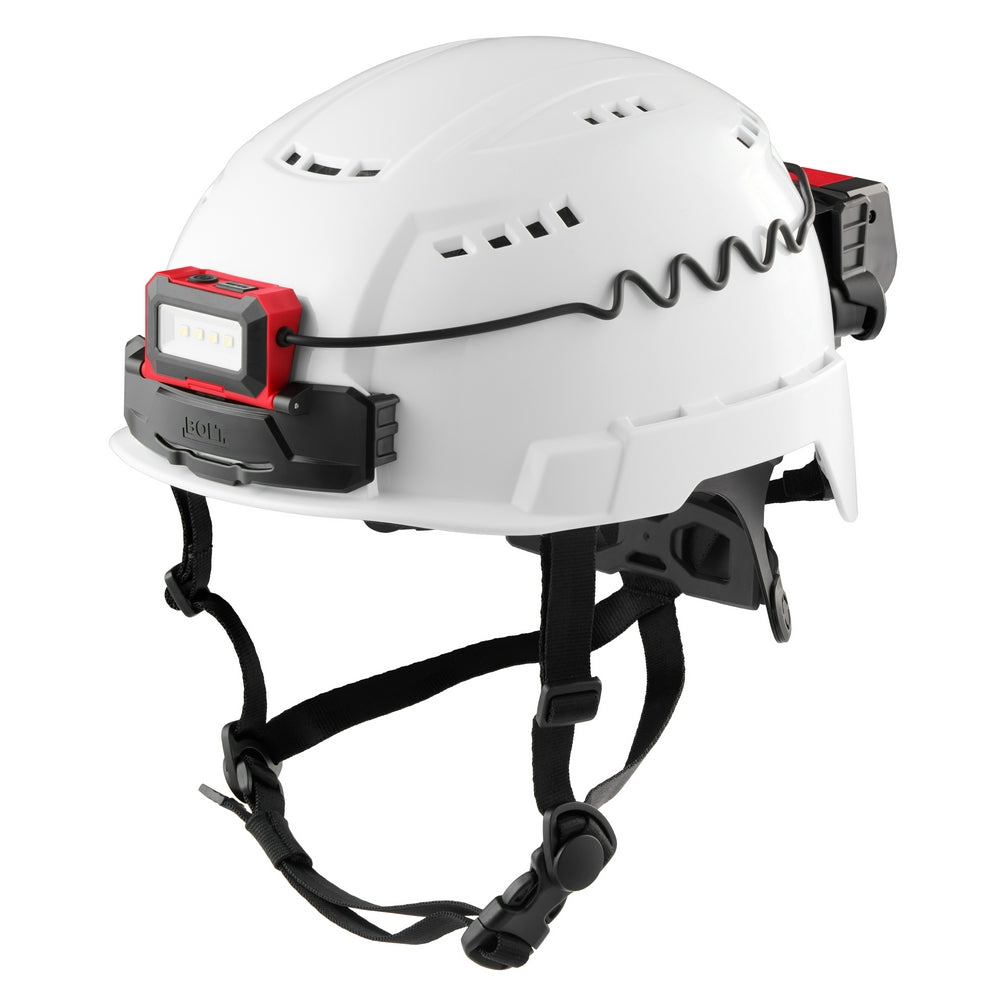 White safety helmet with red and black USB rechargeable headlamp mounted on left side and chin strap.