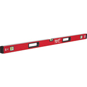 Red Milwaukee REDSTICK box level with black end caps, multiple bubble vials, and magnetic strip along the length.
