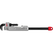 Aluminum pipe wrench with black curved jaw on left, gray body marked "CHEATER," black handle, and red grip end.
