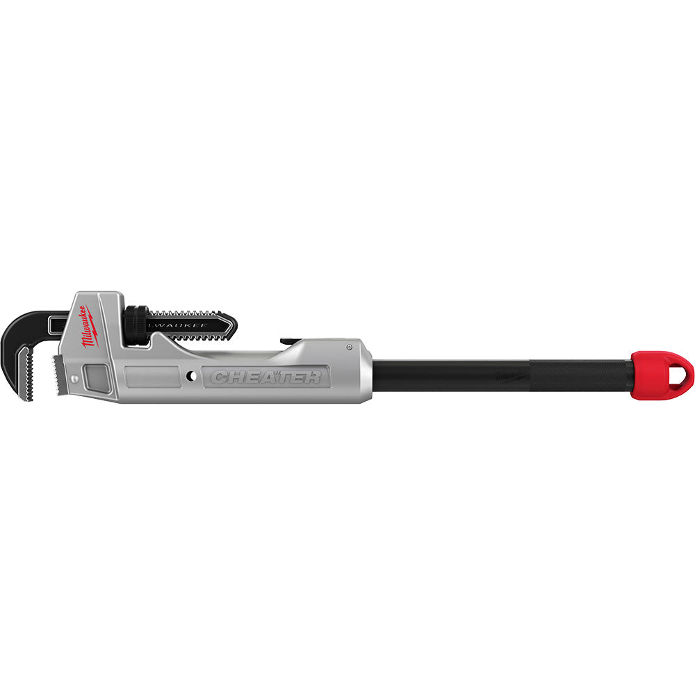 Aluminum pipe wrench with black curved jaw on left, gray body marked "CHEATER," black handle, and red grip end.