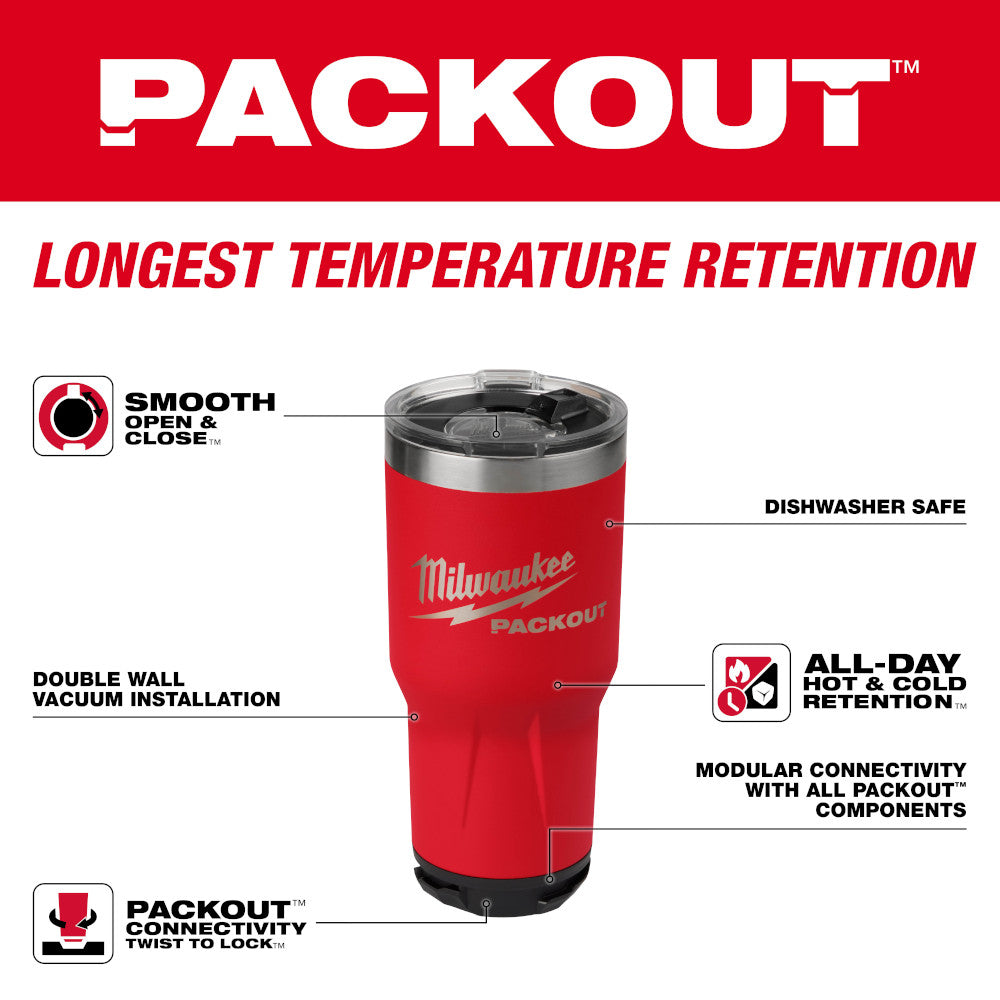 Red Milwaukee Packout 30 oz insulated tumbler with black lid, stainless steel band, and smooth open-close top.