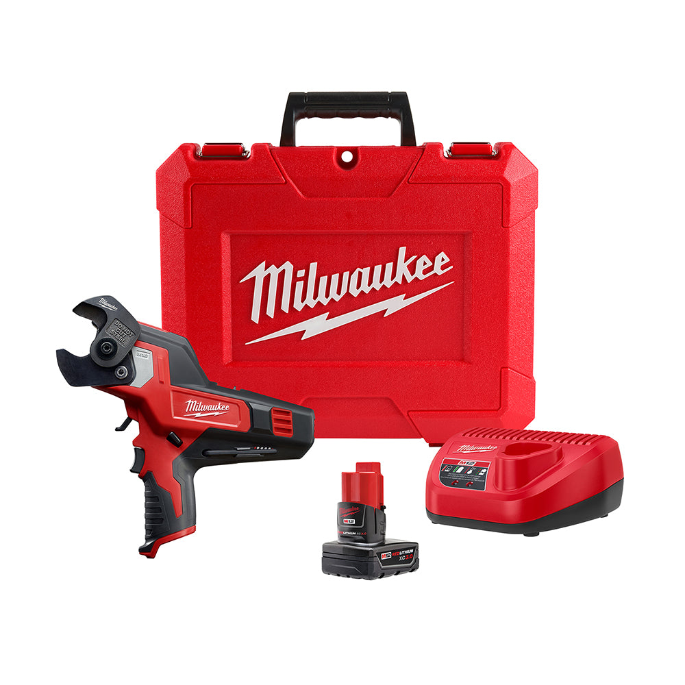 Milwaukee M12 cable cutter kit with red carrying case, battery, and charger.