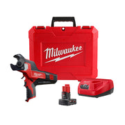 Milwaukee M12 cable cutter kit with red carrying case, battery, and charger.