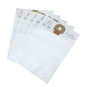 Multiple white fleece dust bags with brown cardboard collars and instruction diagrams printed on upper portion.