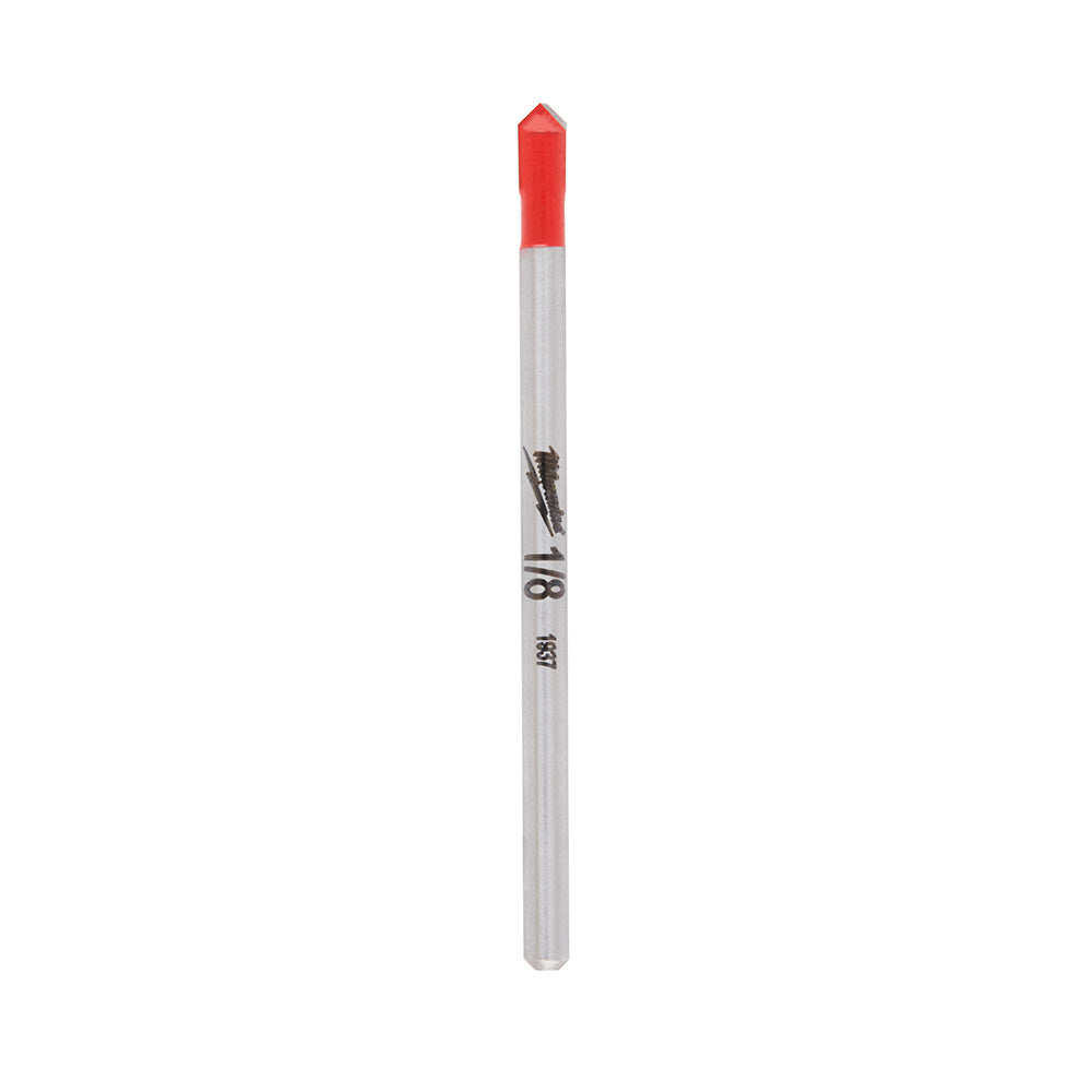 Silver drill bit with red carbide-tipped point and black marking indicating 1/8" size.