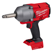Red and gray Milwaukee M18 FUEL cordless impact wrench with 1/2 in. extended anvil and black grip handle.